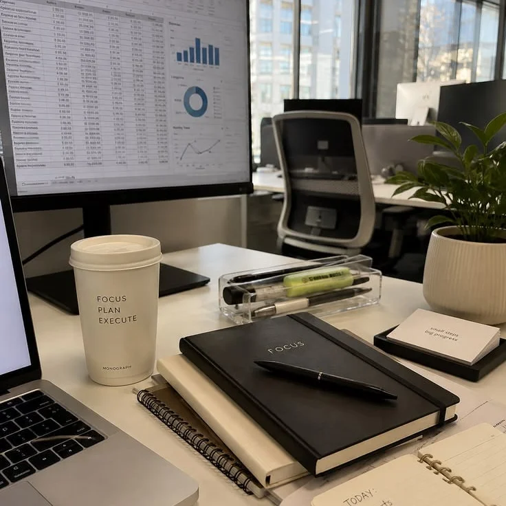 Desk with analytics dashboard and notebooks